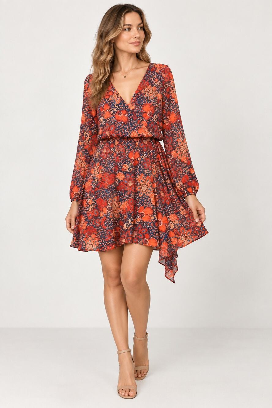 Free People Women’s Teegan Floral Bohemian Mini Dress Orange Red Size S